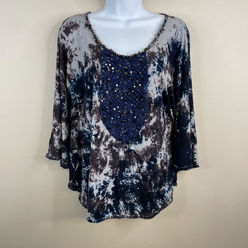 Vintage Faith Womens BOHO Tunic Top Size XS Blue Beaded‎ Sequin Crochet Indie